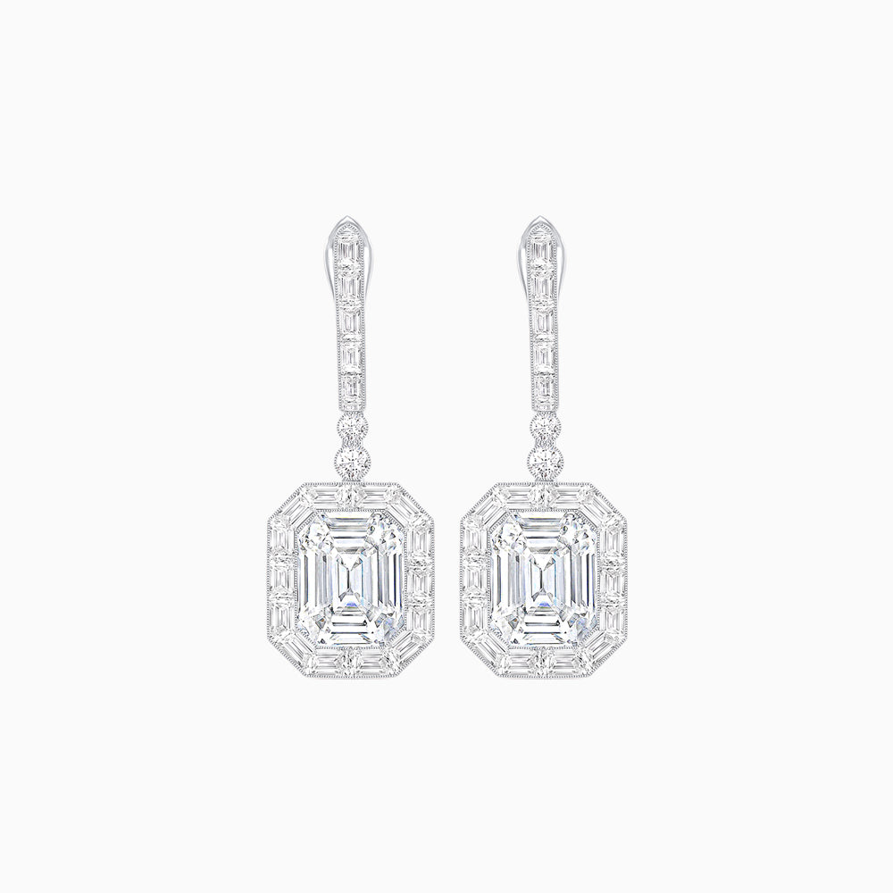 Art Deco Style Emerald Cut Drop Earrings with Diamond Halo
