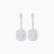 Art Deco Style Emerald Cut Drop Earrings with Diamond Halo