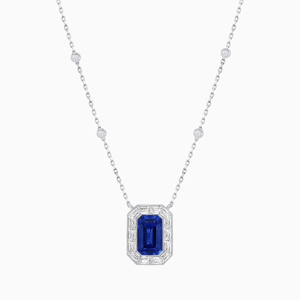 Art Deco Inspired Emerald Cut Necklace with Baguette Diamond Halo
