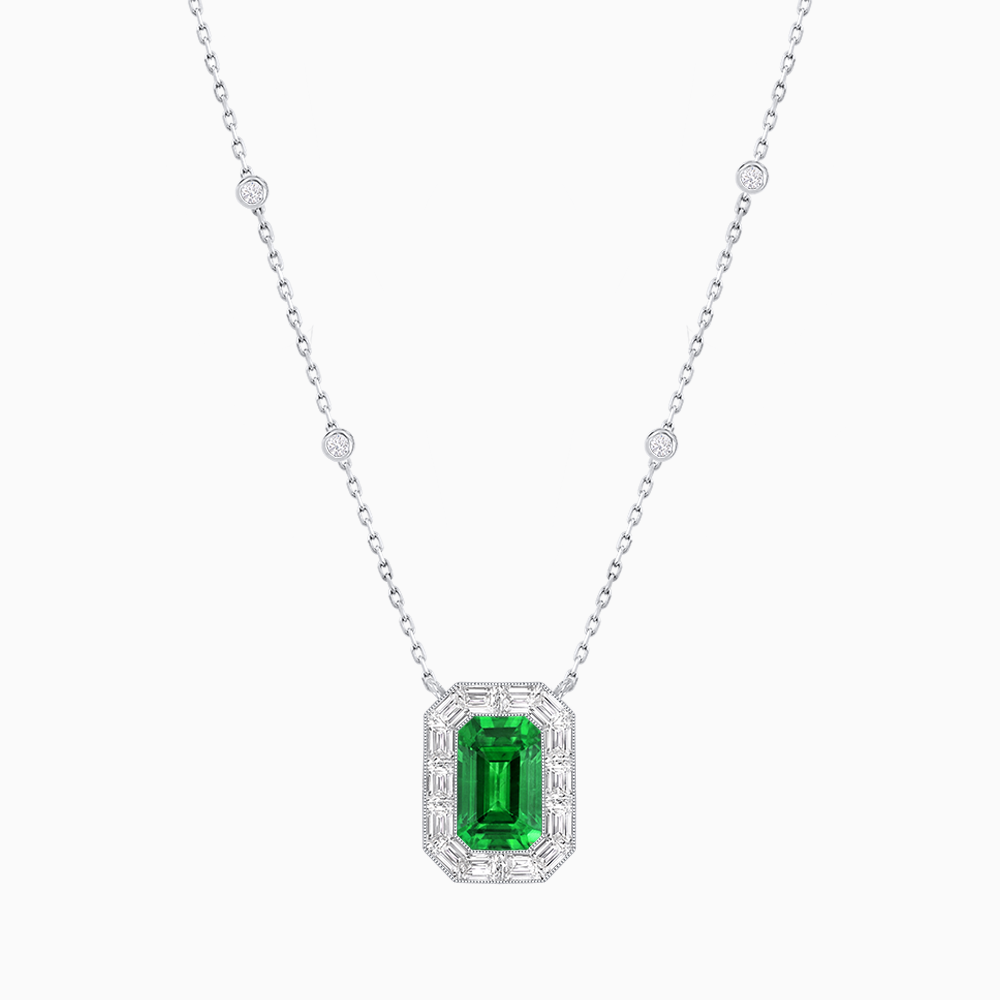 Art Deco Inspired Emerald Cut Necklace with Baguette Diamond Halo
