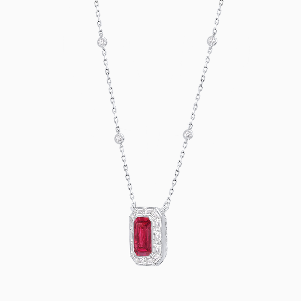 Art Deco Inspired Emerald Cut Necklace with Baguette Diamond Halo
