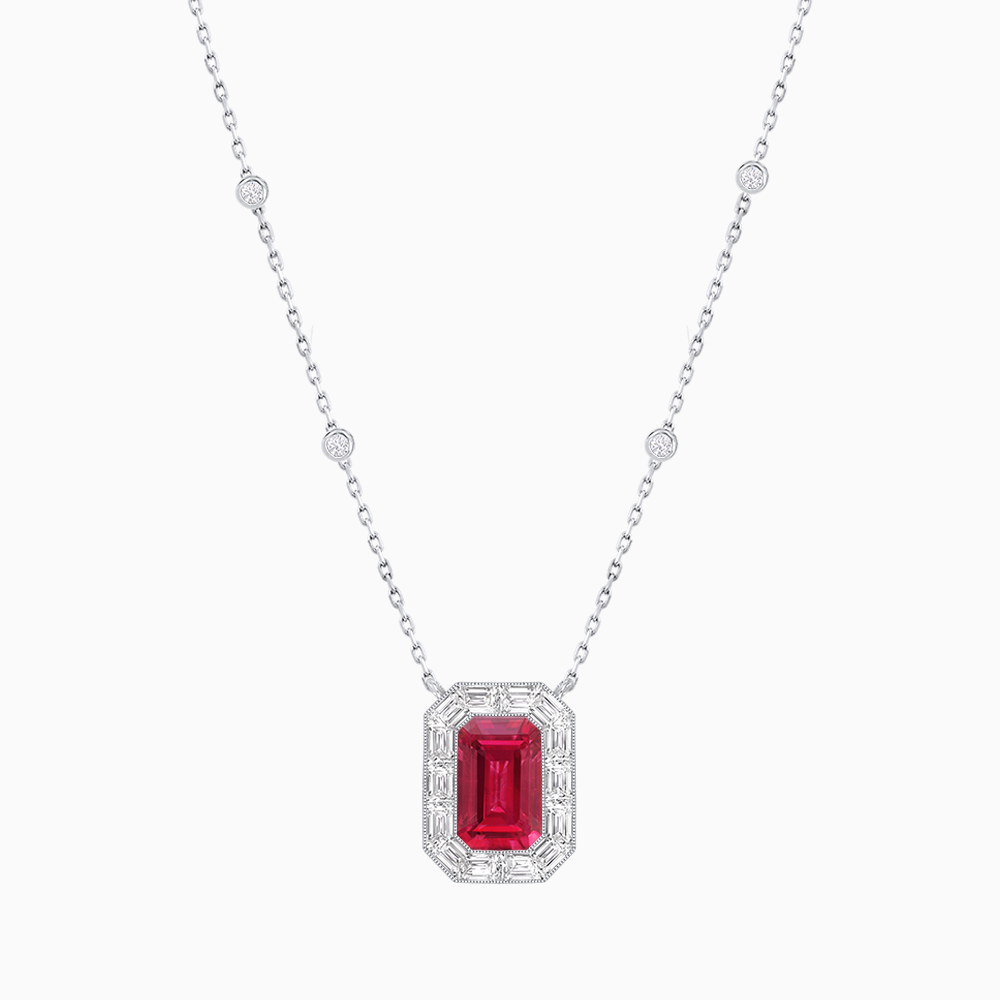 Art Deco Inspired Emerald Cut Necklace with Baguette Diamond Halo