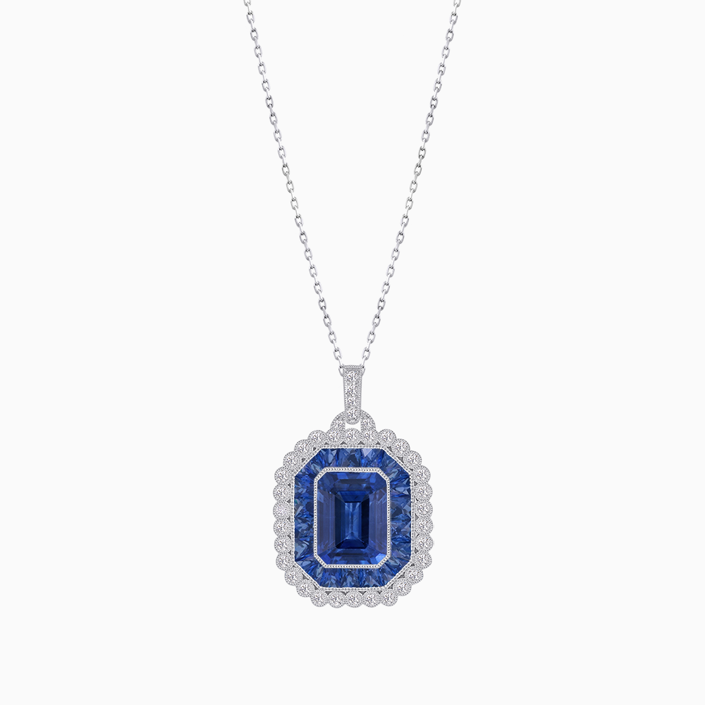 Emerald-Cut Art Deco Style Double Halo Mounting Pendant with Diamond and Gemstones
