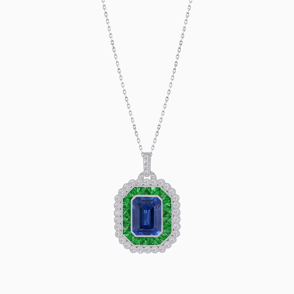 Emerald-Cut Art Deco Style Double Halo Mounting Pendant with Diamond and Gemstones