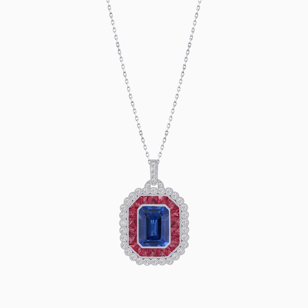 Emerald-Cut Art Deco Style Double Halo Mounting Pendant with Diamond and Gemstones