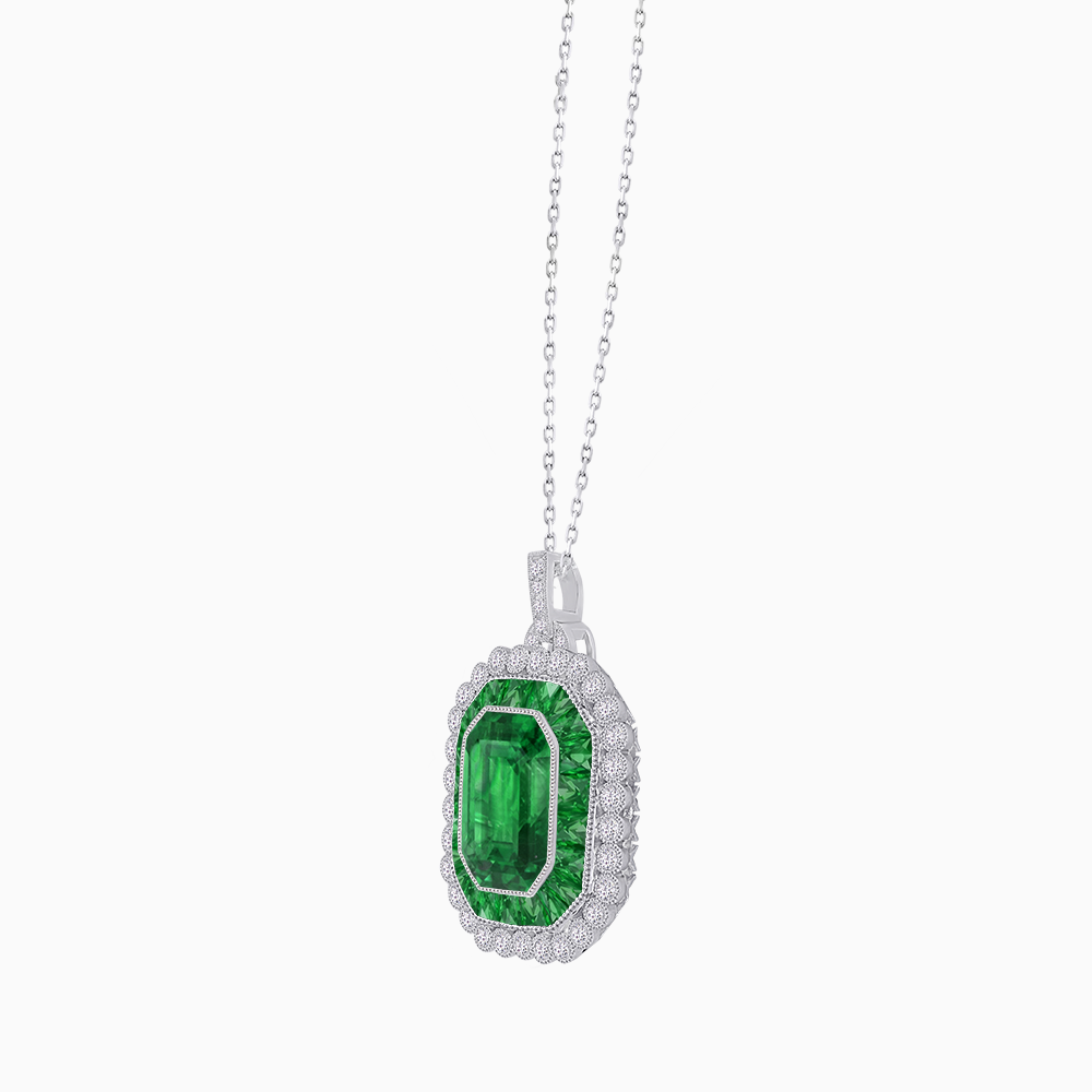 Emerald-Cut Art Deco Style Double Halo Mounting Pendant with Diamond and Gemstones