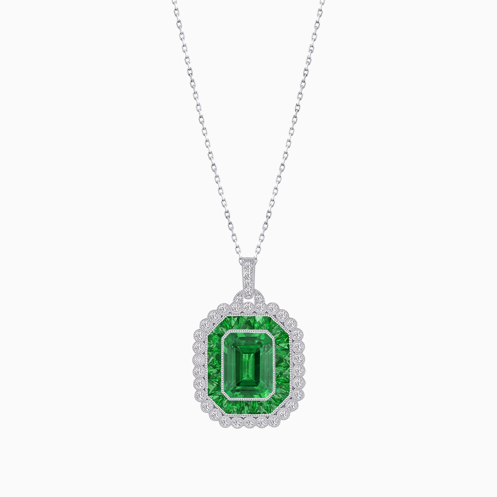 Emerald-Cut Art Deco Style Double Halo Mounting Pendant with Diamond and Gemstones