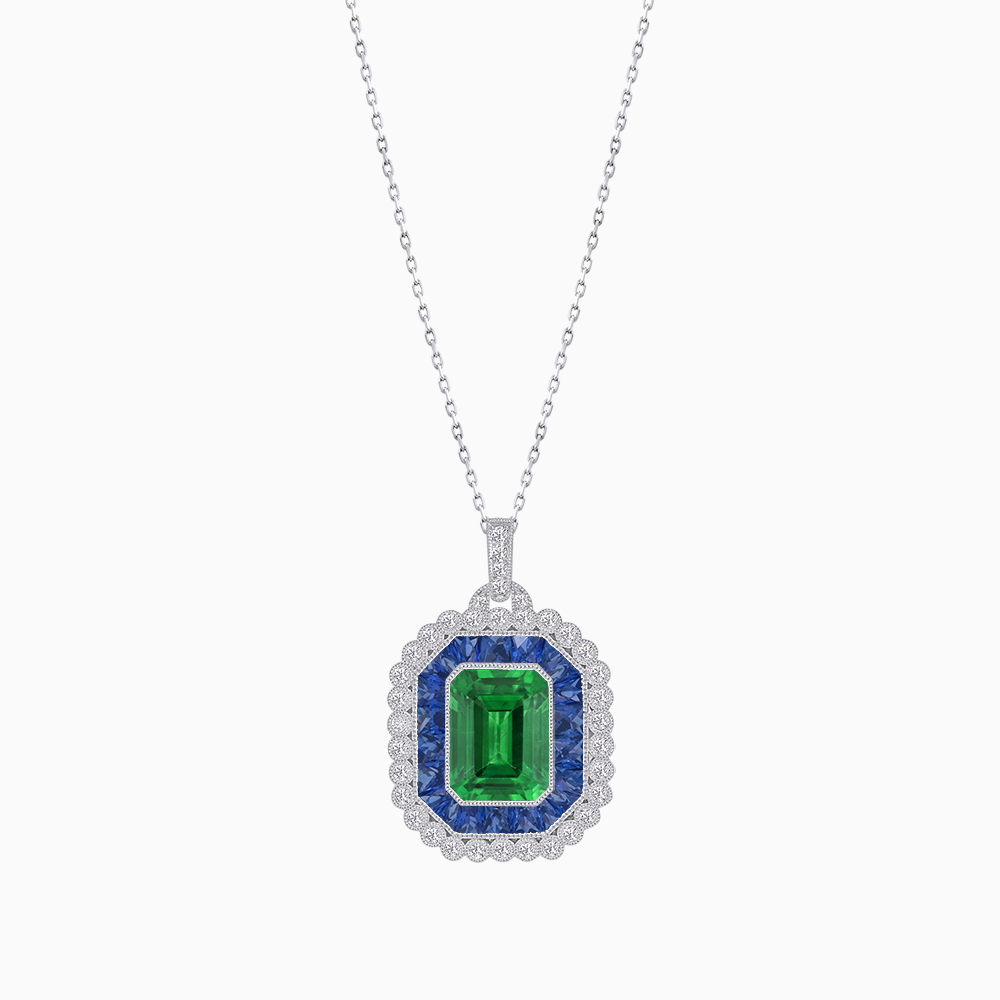 Emerald-Cut Art Deco Style Double Halo Mounting Pendant with Diamond and Gemstones