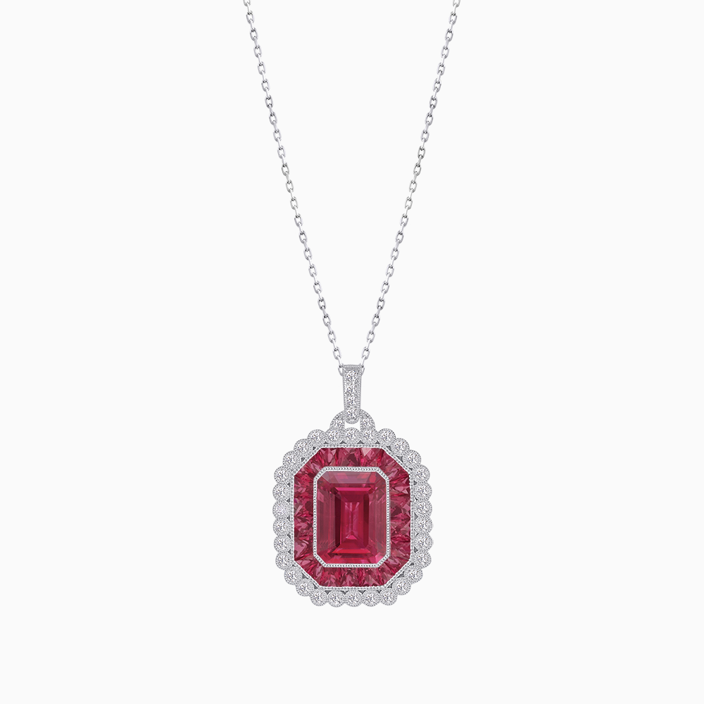 Emerald-Cut Art Deco Style Double Halo Mounting Pendant with Diamond and Gemstones