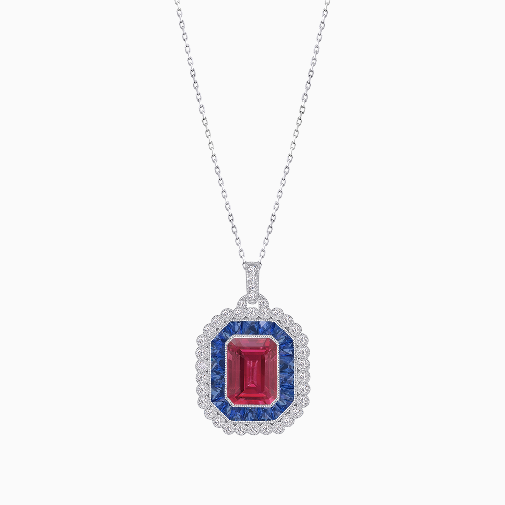 Emerald-Cut Art Deco Style Double Halo Mounting Pendant with Diamond and Gemstones
