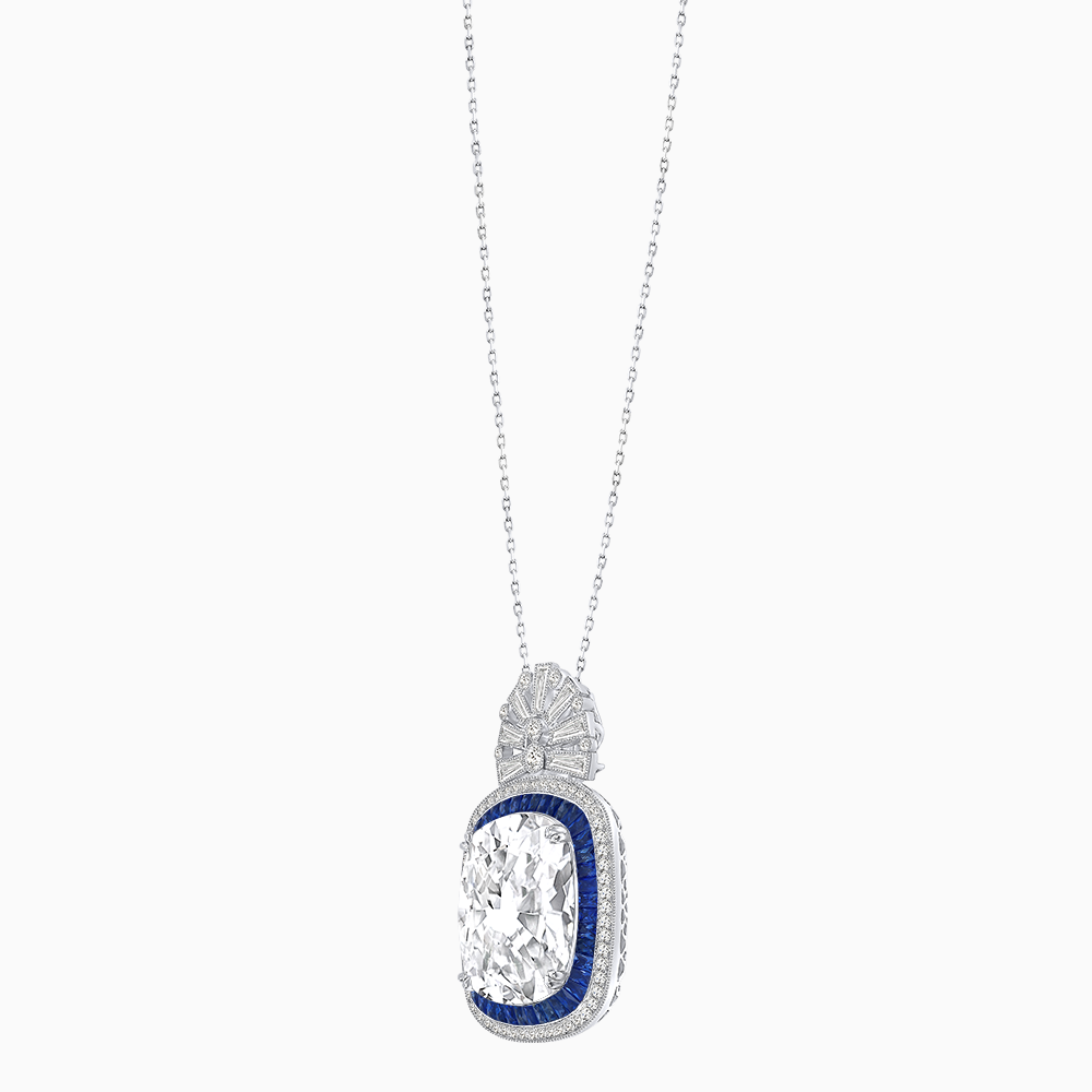 Art Deco Inspired Cushion Cut Double Halo Pendant with Fan Bail
