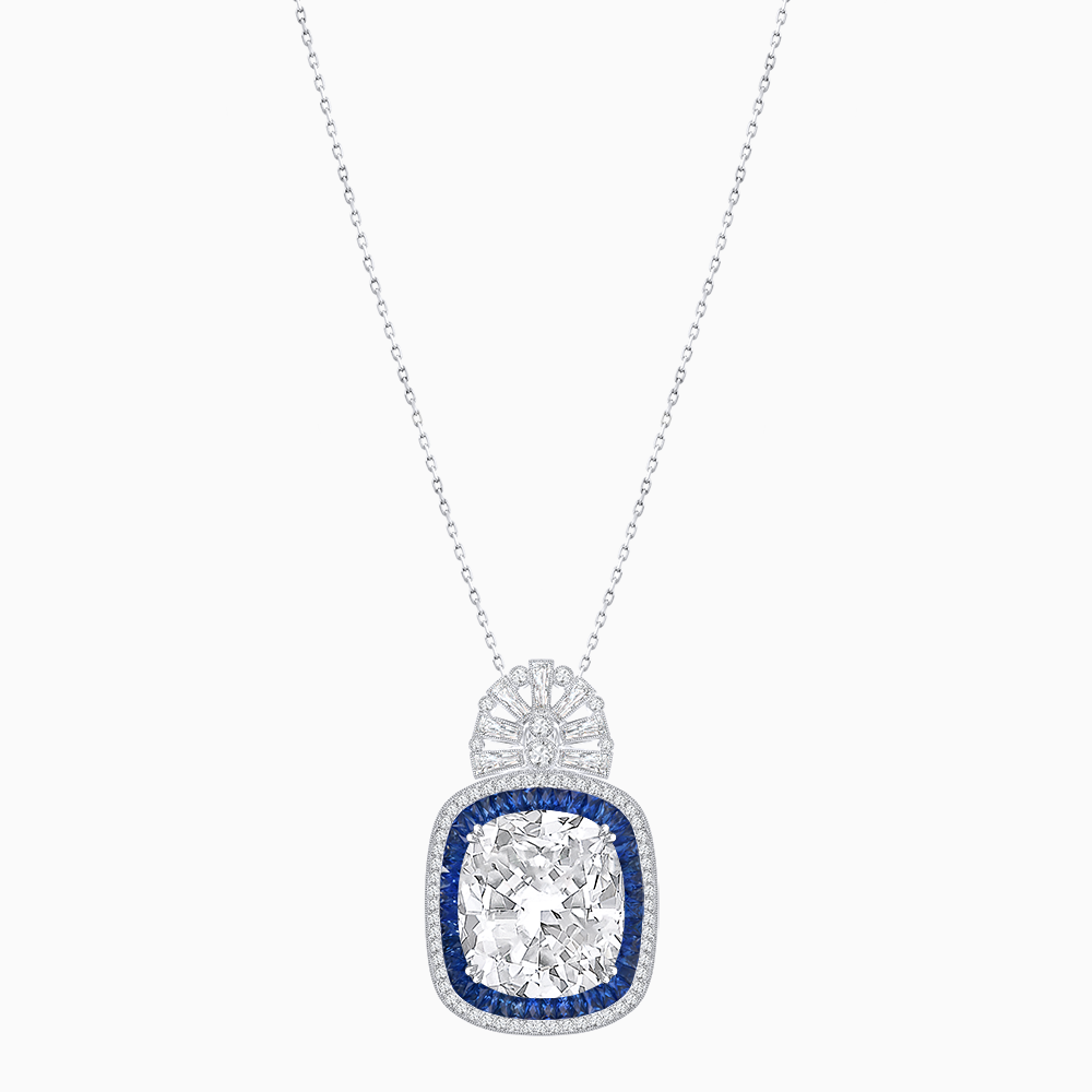 Art Deco Inspired Cushion Cut Double Halo Pendant with Fan Bail