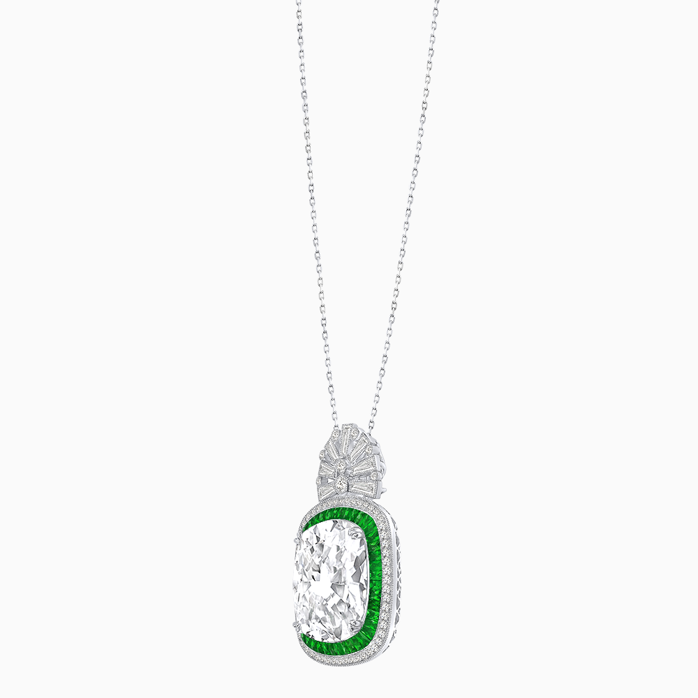 Art Deco Inspired Cushion Cut Double Halo Pendant with Fan Bail