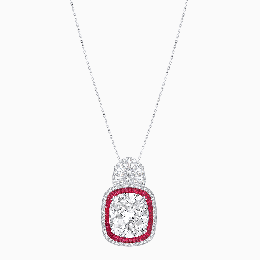 Art Deco Inspired Cushion Cut Double Halo Pendant with Fan Bail
