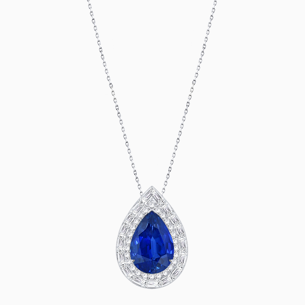 Art Deco Inspired Pear Shape Baguette-Cut Double Halo Pendant