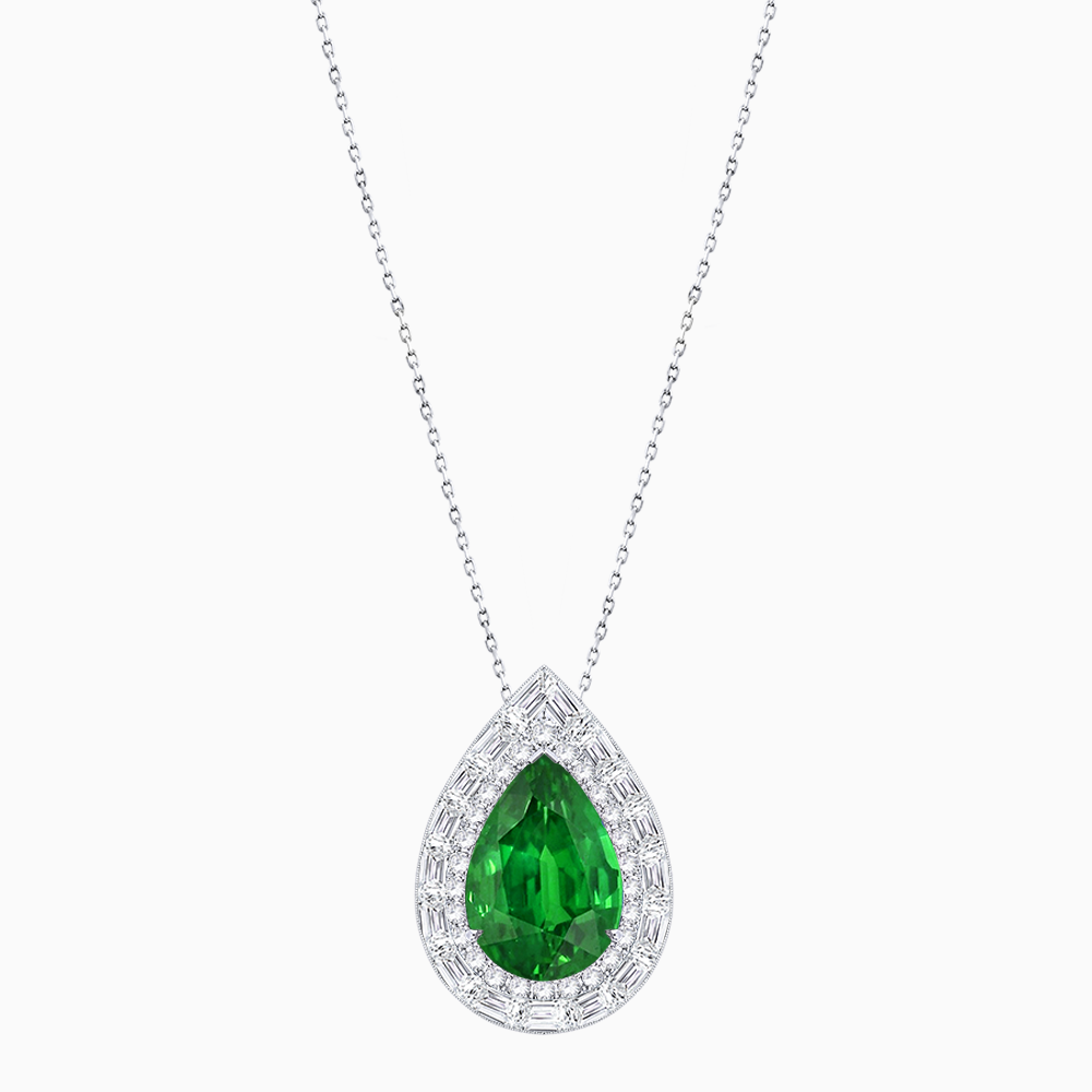 Art Deco Inspired Pear Shape Baguette-Cut Double Halo Pendant