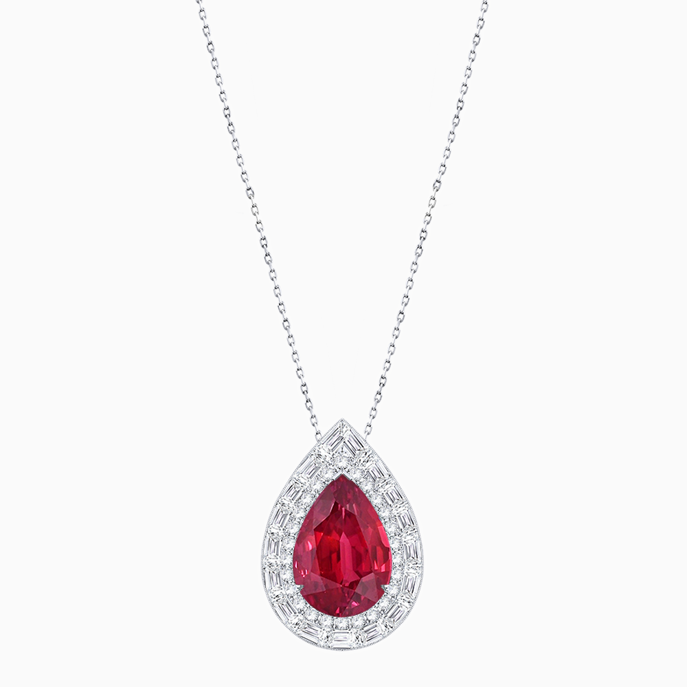 Art Deco Inspired Pear Shape Baguette-Cut Double Halo Pendant