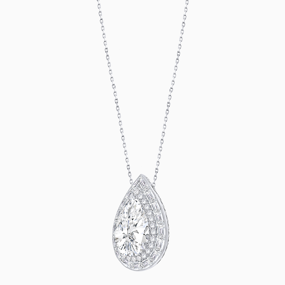 Art Deco Inspired Pear Shape Baguette-Cut Double Halo Pendant