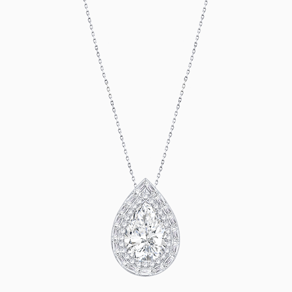 Art Deco Inspired Pear Shape Baguette-Cut Double Halo Pendant