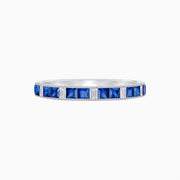 Art Deco Style Square Blue Sapphire and Baguette Diamond Half Eternity Band in 18K White Gold