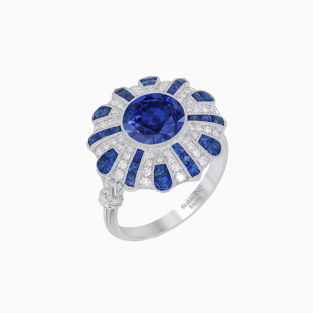 Art Deco-Inspired Peacock Diamond Ring Custom Center Stone | Fan Motif Halo | Hand-Applied Milgrain