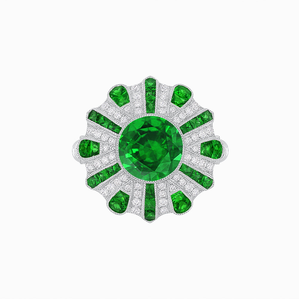 Art Deco-Inspired Peacock Diamond Ring Custom Center Stone | Fan Motif Halo | Hand-Applied Milgrain