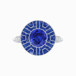 Load image into Gallery viewer, Art Deco-Inspired Geometric Halo Ring Mounting with French-Cut Accents Custom Center Stone | Bold Color Contrast | Hand-Finished Craftsmanship
