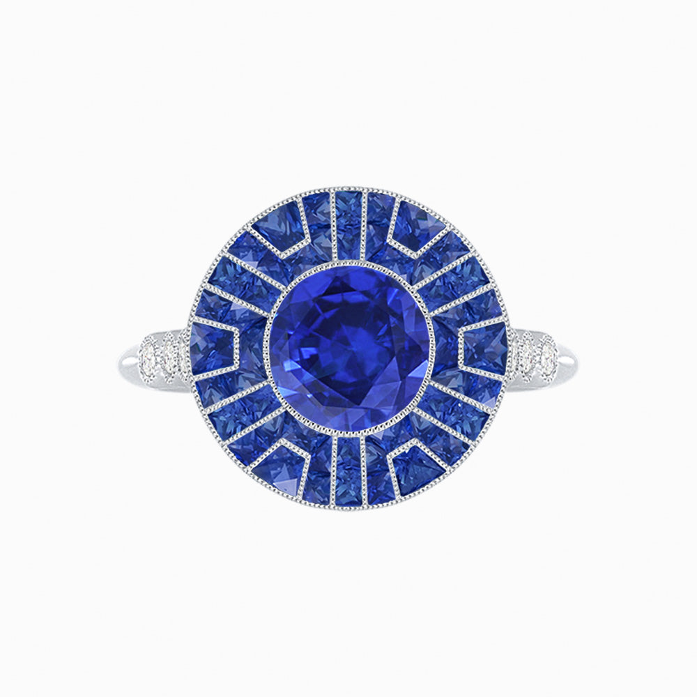 Art Deco-Inspired Geometric Halo Ring Mounting with French-Cut Accents Custom Center Stone | Bold Color Contrast | Hand-Finished Craftsmanship
