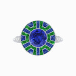 Load image into Gallery viewer, Art Deco-Inspired Geometric Halo Ring Mounting with French-Cut Accents Custom Center Stone | Bold Color Contrast | Hand-Finished Craftsmanship