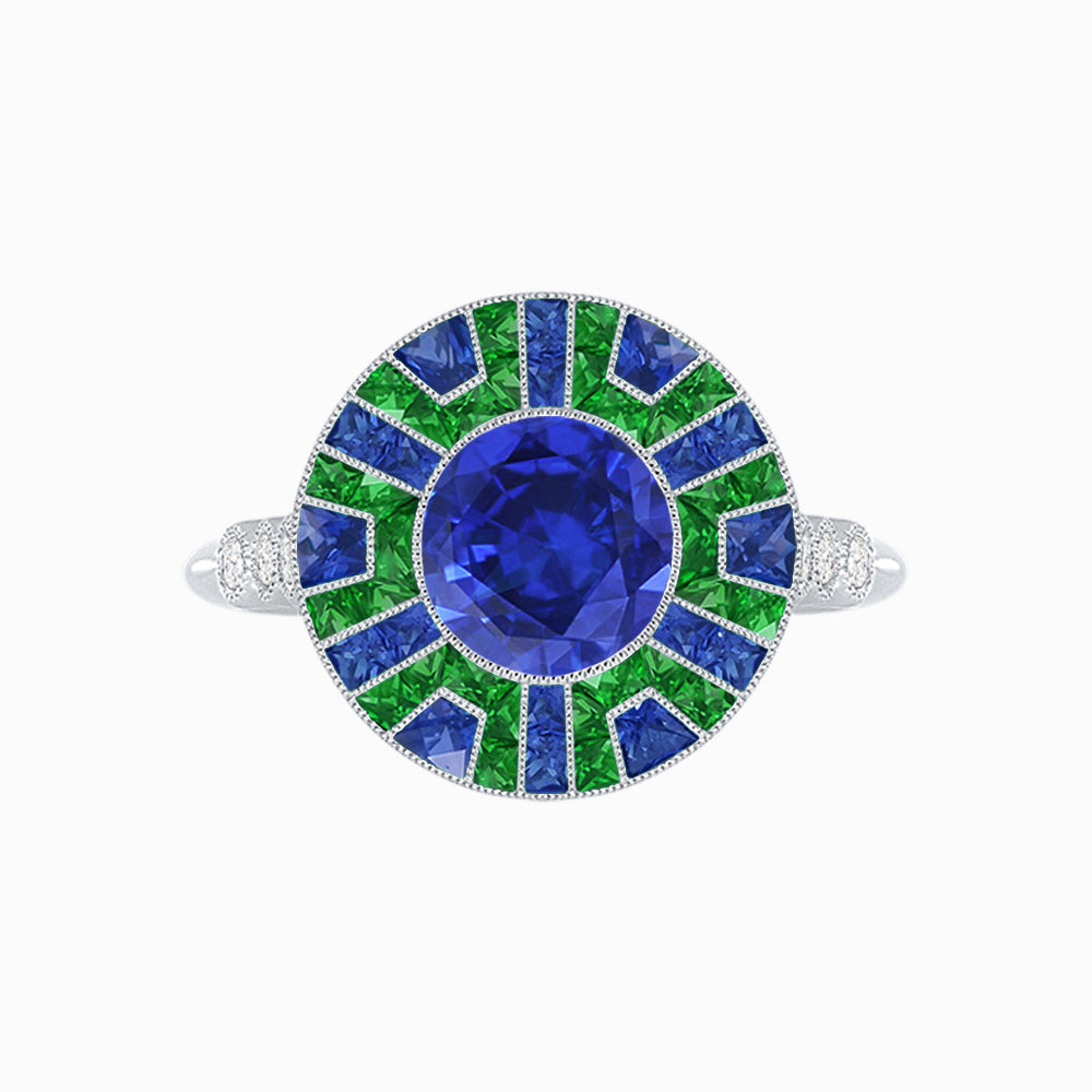 Art Deco-Inspired Geometric Halo Ring Mounting with French-Cut Accents Custom Center Stone | Bold Color Contrast | Hand-Finished Craftsmanship