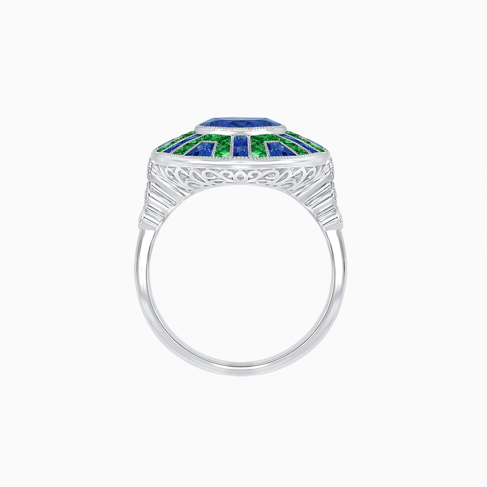 Art Deco-Inspired Geometric Halo Ring Mounting with French-Cut Accents Custom Center Stone | Bold Color Contrast | Hand-Finished Craftsmanship