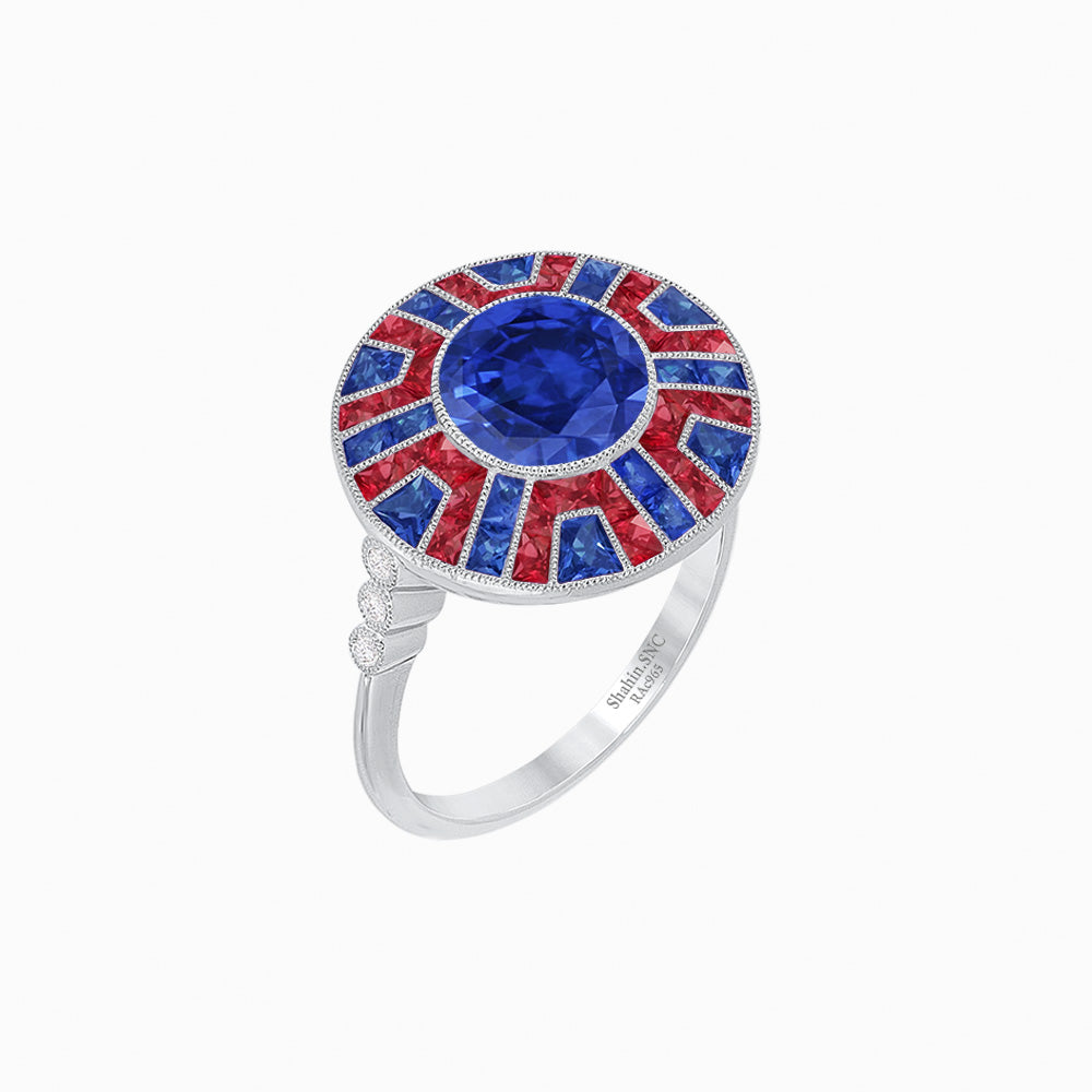 Art Deco-Inspired Geometric Halo Ring Mounting with French-Cut Accents Custom Center Stone | Bold Color Contrast | Hand-Finished Craftsmanship