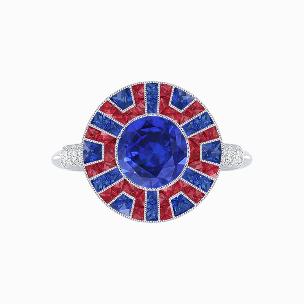 Art Deco-Inspired Geometric Halo Ring Mounting with French-Cut Accents Custom Center Stone | Bold Color Contrast | Hand-Finished Craftsmanship