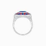 Load image into Gallery viewer, Art Deco-Inspired Geometric Halo Ring Mounting with French-Cut Accents Custom Center Stone | Bold Color Contrast | Hand-Finished Craftsmanship