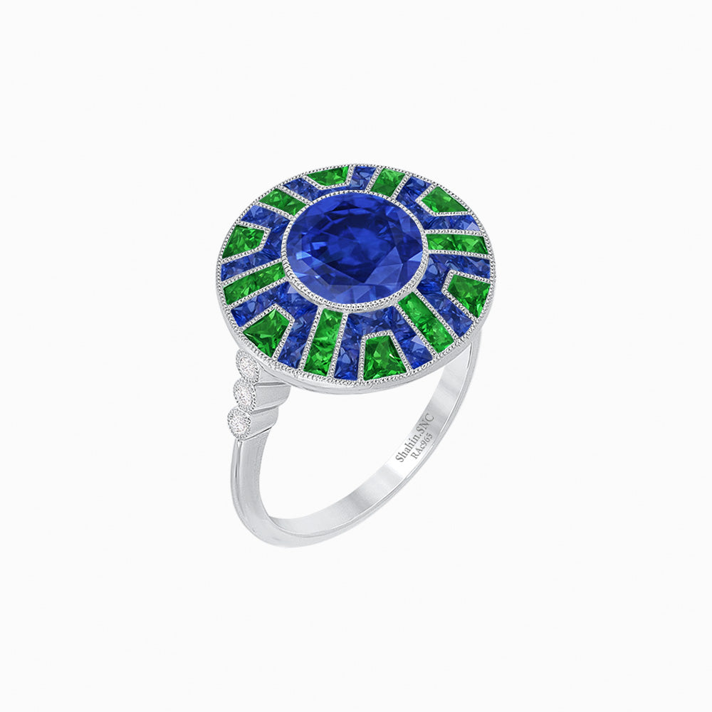 Art Deco-Inspired Geometric Halo Ring Mounting with French-Cut Accents Custom Center Stone | Bold Color Contrast | Hand-Finished Craftsmanship