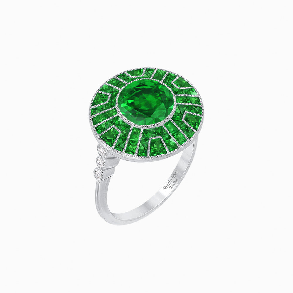 Art Deco-Inspired Geometric Halo Ring Mounting with French-Cut Accents Custom Center Stone | Bold Color Contrast | Hand-Finished Craftsmanship