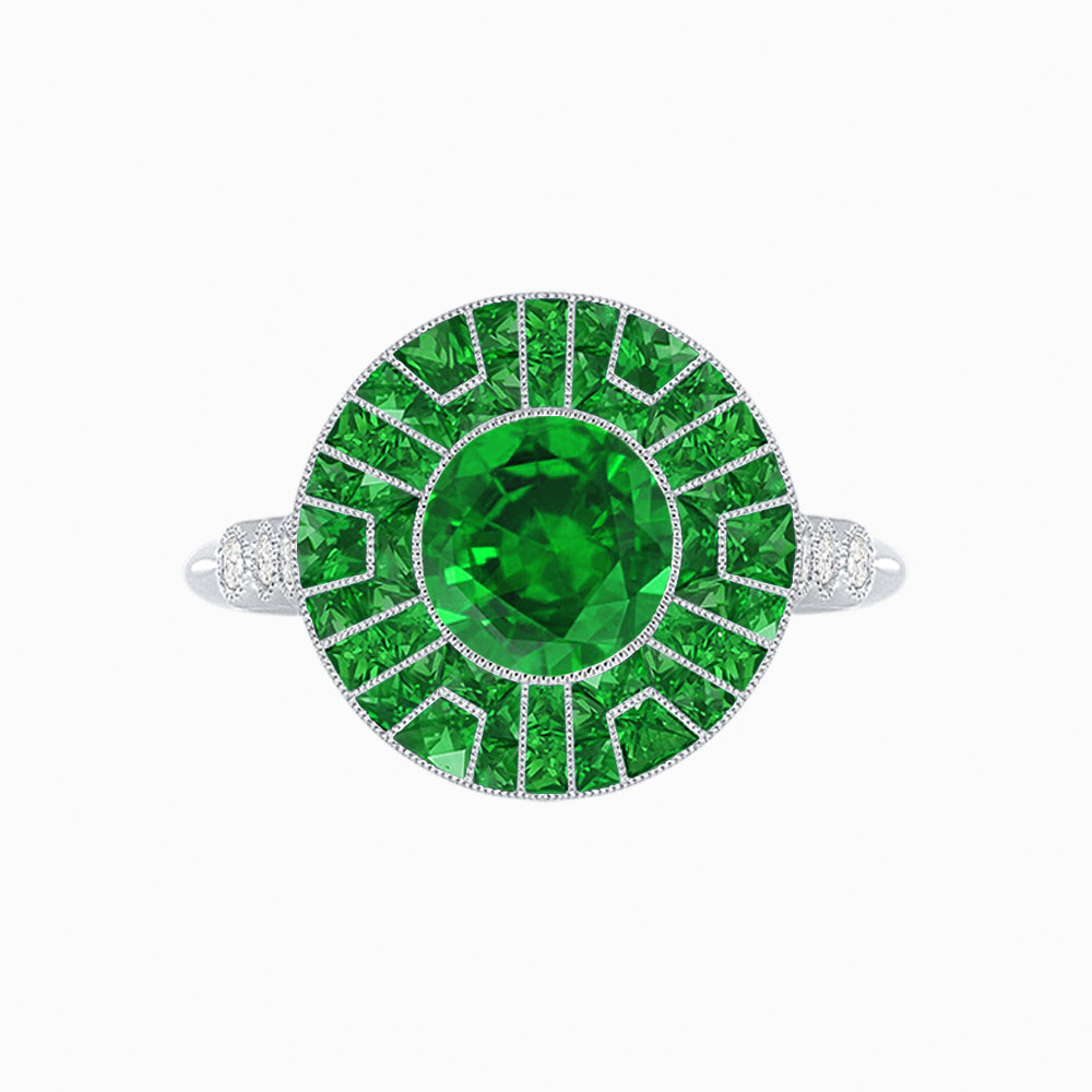 Art Deco-Inspired Geometric Halo Ring Mounting with French-Cut Accents Custom Center Stone | Bold Color Contrast | Hand-Finished Craftsmanship