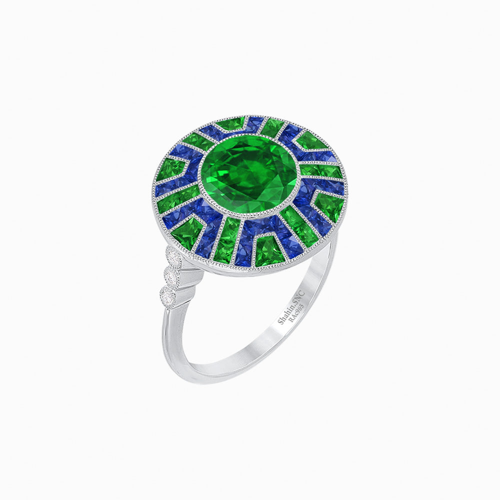 Art Deco-Inspired Geometric Halo Ring Mounting with French-Cut Accents Custom Center Stone | Bold Color Contrast | Hand-Finished Craftsmanship