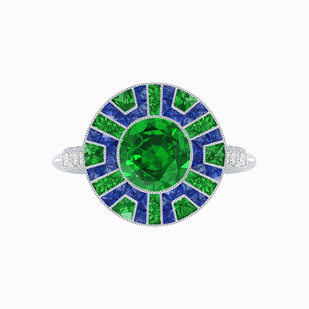 Art Deco-Inspired Geometric Halo Ring Mounting with French-Cut Accents Custom Center Stone | Bold Color Contrast | Hand-Finished Craftsmanship