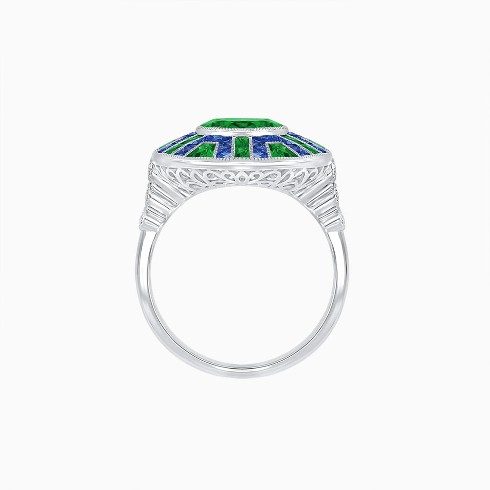 Art Deco-Inspired Geometric Halo Ring Mounting with French-Cut Accents Custom Center Stone | Bold Color Contrast | Hand-Finished Craftsmanship