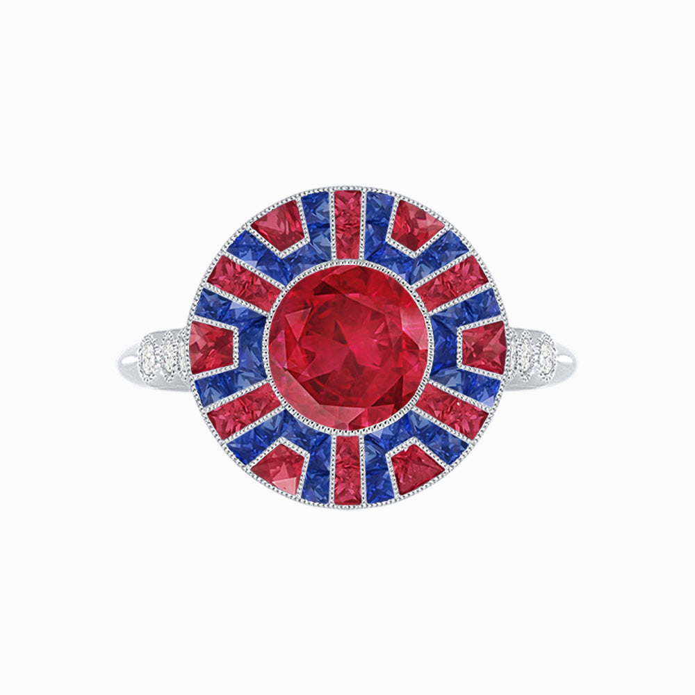 Art Deco-Inspired Geometric Halo Ring Mounting with French-Cut Accents Custom Center Stone | Bold Color Contrast | Hand-Finished Craftsmanship