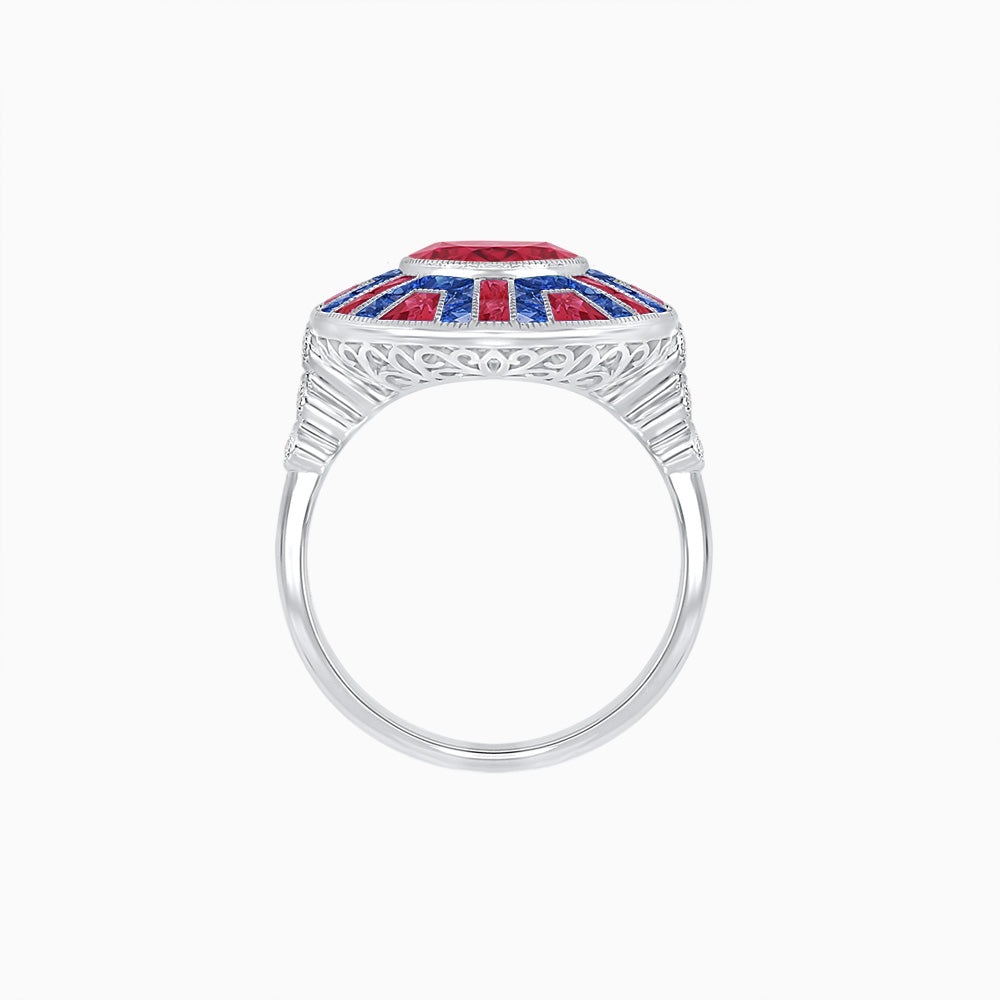 Art Deco-Inspired Geometric Halo Ring Mounting with French-Cut Accents Custom Center Stone | Bold Color Contrast | Hand-Finished Craftsmanship