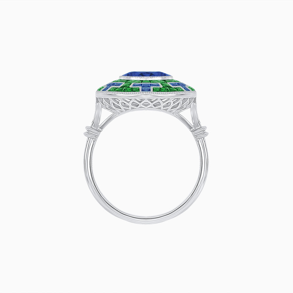 Art Deco-Inspired Mosaic Halo Ring Mounting with French-Cut Gemstone Inlay Custom Center Stone | Bold Symmetry | Hand-Applied Milgrain