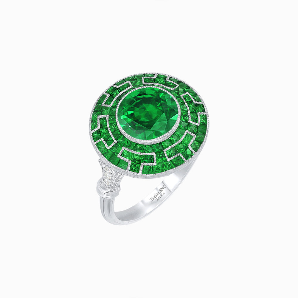 Art Deco-Inspired Mosaic Halo Ring Mounting with French-Cut Gemstone Inlay Custom Center Stone | Bold Symmetry | Hand-Applied Milgrain