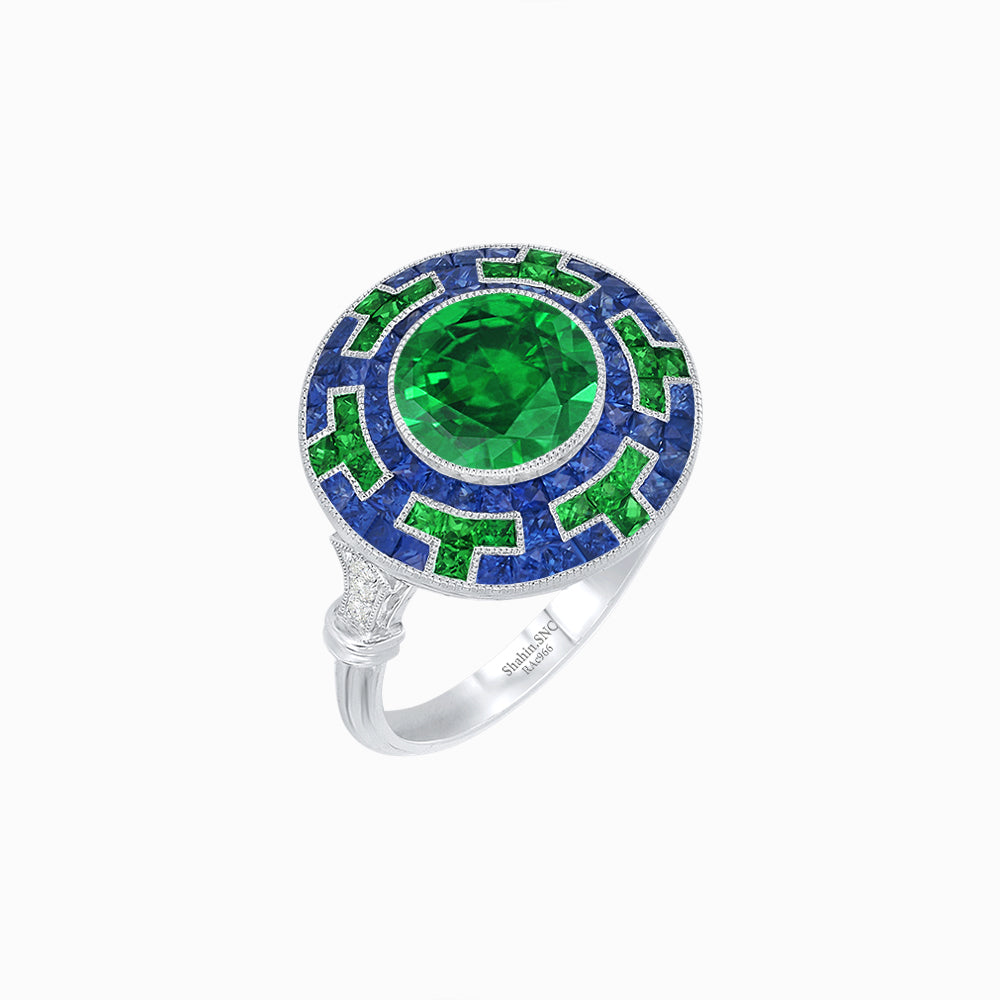 Art Deco-Inspired Mosaic Halo Ring Mounting with French-Cut Gemstone Inlay Custom Center Stone | Bold Symmetry | Hand-Applied Milgrain