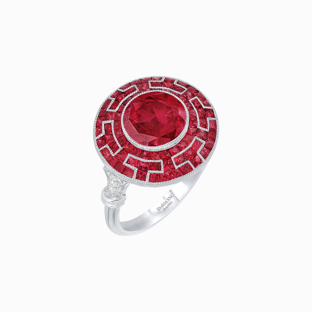 Art Deco-Inspired Mosaic Halo Ring Mounting with French-Cut Gemstone Inlay Custom Center Stone | Bold Symmetry | Hand-Applied Milgrain