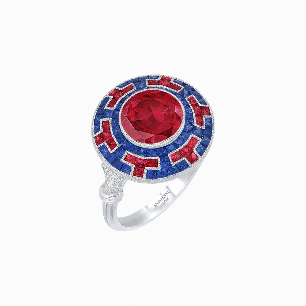 Art Deco-Inspired Mosaic Halo Ring Mounting with French-Cut Gemstone Inlay Custom Center Stone | Bold Symmetry | Hand-Applied Milgrain