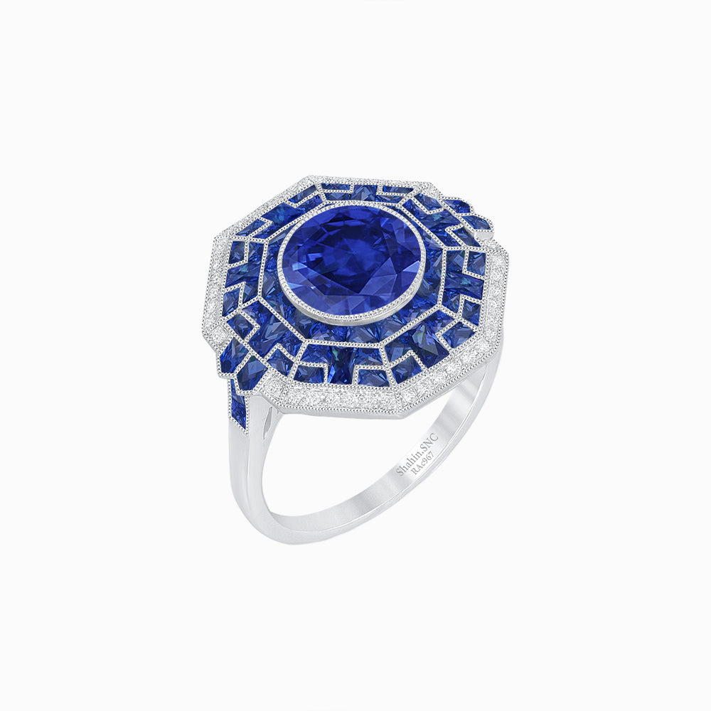 Art Deco Style French Cut Sapphire Ring With Diamond