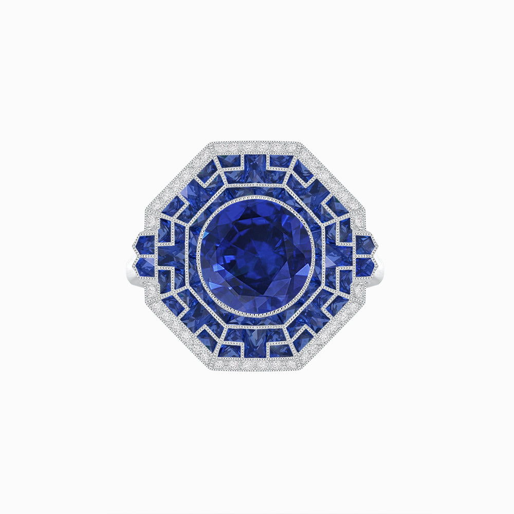 Art Deco Style French Cut Sapphire Ring With Diamond