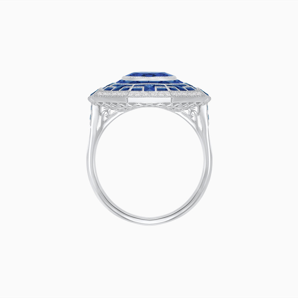 Art Deco Style French Cut Sapphire Ring With Diamond